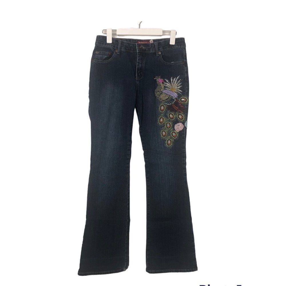 FOBO Jeans Dark Wash Mid Rise Flare Embroidered Denim Jeans